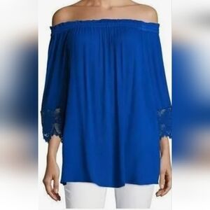 CHELSAE & THEADORE OFF THE SHOULDER GAUZE TOP IN ROYAL BLUE SIZE LGE